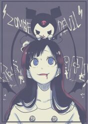  1boy antenna_hair black_hair bleach blood blood_from_mouth blue_eyes coat commentary_request crossover giselle_gewelle highres ikuno_taso kuromi onegai_my_melody sanrio trap wandenreich_uniform white_coat 