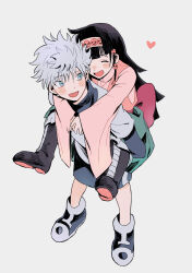  2boys absurdres alluka_zoldyck blue_eyes blunt_ends blush_stickers brother_and_sister closed_eyes full_body highres hug hunter_x_hunter killua_zoldyck long_hair male_focus messy_hair multiple_boys short_hair siblings simple_background white_background white_hair wide_sleeves zumu_(quw87) 