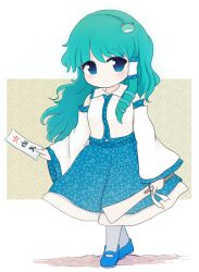  1girl amulet azuma_meri bare_shoulders blue_eyes blue_shoes blue_skirt breasts closed_mouth collared_shirt commentary_request detached_sleeves frog_hair_ornament gohei green_hair hair_between_eyes hair_ornament hair_tubes hairpin highres kochiya_sanae long_hair long_sleeves looking_to_the_side medium_breasts pantyhose revision shadow shirt shoes skirt snake_hair_ornament solo standing touhou walking white_background white_pantyhose white_shirt white_sleeves wide_sleeves yellow_background 