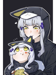  2girls absurdres alternate_costume animal_costume animal_ears bag_of_chips biting biting_ear blush carrying carrying_person commentary cross_hair_ornament doya_(qkrdbseh1205) dual_persona eating facial_mark fake_animal_ears food food_on_face girls&#039;_frontline_2:_exilium girls_frontline hair_ornament heart heart_facial_mark heart_tattoo highres hk416_(girls&#039;_frontline) klukai_(girls&#039;_frontline_2) long_hair looking_at_another multiple_girls tattoo teardrop_facial_mark teardrop_tattoo two-tone_background upper_body white_hair yellow_eyes 