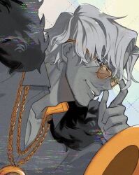  1boy adam&#039;s_apple adjusting_eyewear amayado_rei beard_stubble chain chain_necklace collarbone collared_shirt curtained_hair dark_persona dktatta facial_hair film_grain fur_trim glitch gold_chain grey_shirt grid_background grin hand_up hypnosis_mic hypnosis_mic:_dream_rap_battle jewelry looking_at_viewer male_focus mature_eyes mature_male multiple_necklaces mustache_stubble necklace orange-framed_eyewear parted_bangs partially_unbuttoned pectoral_cleavage pectorals portrait profile scar scar_across_eye scar_on_face shirt short_hair sideburns smile solo stubble sunglasses two-sided_fabric two-sided_shirt wavy_hair white_hair wrinkled_skin 