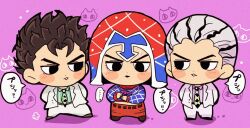  2boys argyle_clothes argyle_hat argyle_necktie argyle_sweater black_eyes black_hair blush_stickers brown_hair chibi chibi_only collared_shirt diamond_wa_kudakenai dual_persona formal_clothes green_necktie green_shirt grey_hair guido_mista jacket jojo_no_kimyou_na_bouken kawajiri_kosaku kira_yoshikage kira_yoshikage_(bites_the_dust) male_focus motu705 multicolored_hair multiple_boys necktie pants pink_background purple_shirt red_pants shirt standing striped_hair suit sweatdrop sweater time_paradox translation_request two-tone_hair vento_aureo white_jacket white_pants 