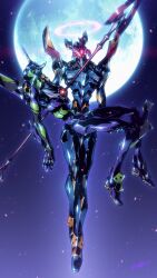  assault_visor babamba bident carrying commentary_request dated eva_01 eva_06 evangelion:_2.0_you_can_(not)_advance evangelion_(mecha) full_moon halo highres horns impaled light_particles mecha mecha_focus moon neon_genesis_evangelion night no_humans polearm princess_carry rebuild_of_evangelion red_halo red_visor robot science_fiction signature single_horn spear_of_cassius star_(sky) super_robot weapon 