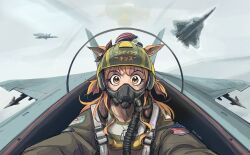  1boy 1girl absurdres aircraft airplane animal_ears bomber_jacket bow breasts cockpit crop_top dog_tags ear_bow ear_ribbon fighter_jet flying green_jacket hair_between_eyes helmet highres horse_ears horse_girl jacket long_hair long_sleeves looking_at_viewer mada_fadaz mask mayano_top_gun_(scramble_zone)_(umamusume) mayano_top_gun_(umamusume) military_vehicle open_clothes open_jacket orange_eyes orange_hair oxygen_mask pete_&quot;maverick&quot;_mitchell pilot pilot_helmet shirt sky top_gun top_gun:_maverick umamusume 