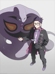  1boy arbok black-framed_eyewear black_hair black_jacket black_pants closed_mouth cobra_(animal) collared_shirt corbeau_(pokemon) eyewear_strap forked_tongue glasses highres holding holding_poke_ball jacket kmconceptart long_sleeves looking_at_viewer male_focus necktie open_clothes open_jacket pants parted_hair poke_ball poke_ball_(basic) pokemon pokemon_(creature) pokemon_legends:_z-a purple_hair purple_shirt round_eyewear shirt shoes short_hair short_sideburns simple_background snake tongue white_necktie yellow_eyes 