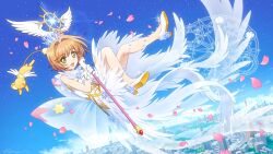  1girl back_bow blue_sky bow brown_hair cardcaptor_sakura cardcaptor_sakura_clear_card_arc city commentary day dress english_commentary flying full_body gloves green_eyes highres holding holding_staff hoshi_no_tsue kero_(cardcaptor_sakura) kinomoto_sakura kinomoto_sakura_(clear_wings) looking_at_viewer magic_circle magical_girl open_mouth outdoors petals pointed_crown shoe_soles short_hair sidney_deng sky staff tokyo_tower white_dress white_gloves 