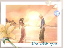  1boy 1girl aerith_gainsborough aerith_gainsborough_(floral_delight) beach black_shorts blonde_hair blue_shirt border braid braided_ponytail breasts brown_hair cloud_strife cloud_strife_(ocean_chocobo) collared_shirt couple crop_top english_text feet_out_of_frame final_fantasy final_fantasy_vii final_fantasy_vii_rebirth final_fantasy_vii_remake flower frilled_sleeves frills grey_border hair_ribbon hetero highres lily_(flower) long_hair looking_at_another medium_breasts midriff ocean official_alternate_costume outdoors own_hands_together palm_tree papermint_tea parted_bangs photo_(object) pink_ribbon pink_sarong pink_shirt ribbon sarong seashell shell shirt short_hair short_sleeves shorts sidelocks sketch sleeves_rolled_up spiky_hair sunlight sunset tree white_border yellow_flower 