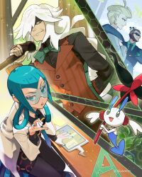  2boys 2girls absurdres az_(pokemon) black_jacket black_shirt black_suit blonde_hair blue_eyes blue_hair blue_nails blush breasts brown_hair cane closed_mouth coat dress earrings facial_hair floette floette_(eternal) flower glasses gloves green_shirt hair_over_one_eye hair_rings highres holding holding_cane holding_flower hsin jacket jett_(pokemon) jewelry lab_coat lipstick long_hair long_sideburns long_sleeves looking_at_viewer mable_(pokemon) makeup mature_female multiple_boys multiple_girls muscular muscular_male mutton_chops necktie open_clothes open_coat open_mouth orange_pants orange_vest pants parted_lips pokemon pokemon_(creature) pokemon_legends:_z-a red_lips rotom rotom_phone safety_glasses shirt short_hair sideburns smile suit sunglasses tablet_pc vest vinnie_(pokemon) white_coat white_hair 
