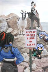 ganyu_(genshin_impact) genshin_impact goat goat_girl lennykaise long_hair lucia_(zenless_zone_zero) lucia_elowen medium_hair multiple_girls real_life_insert wuthering_waves zani_(wuthering_waves) zenless_zone_zero zhu_yuan