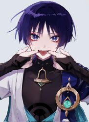  1boy anemo_symbol_(genshin_impact) aqua_gemstone black_bodysuit black_bridal_gauntlets blue_cape blue_kimono blunt_ends bodysuit bridal_gauntlets cape colored_eyelashes covered_collarbone ego_(ego_inp) eyeliner eyeshadow finger_in_own_mouth fingernails gem genshin_impact gold gold_ring hair_intakes hands_up highres japanese_clothes juban kimono looking_at_viewer makeup male_focus mandarin_collar middle_ring mouth_pull open_clothes open_kimono pom_pom_(clothes) purple_hair red_eyeliner red_eyeshadow scaramouche_(genshin_impact) solo tsurime twitter_username upper_body violet_eyes wanderer_(genshin_impact) white_background white_kimono white_trim wispy_bangs 