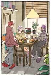  black_pants blunt_bangs bookshelf border breakfast brown_hoodie chair closed_eyes cup earrings fern_(sousou_no_frieren) food frieren grey_hair grey_pants grey_slippers grey_sweater highres holding holding_cup hood hood_down hoodie indoors jewelry long_hair looking_at_another off-shoulder_sweater off_shoulder pancake pants parted_bangs picture_frame plant pointy_ears potted_plant purple_hair purple_slippers red_hair red_slippers short_hair sitting slippers sousou_no_frieren stark_(sousou_no_frieren) steaming_cup sunlight sweater table takeuchi_ryousuke tile_floor tiles turtleneck turtleneck_sweater violet_eyes walking white_border window yellow_sweater 