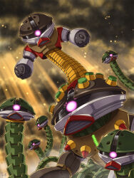  acguy alternate_color artist_name clouds cloudy_sky devil_gundam embers fuji_shuuji g_gundam glowing glowing_eye gundam gundam_head highres joints light_rays looking_at_viewer mecha mobile_suit mobile_suit_gundam no_fingers no_humans no_pupils one-eyed outdoors parody pink_eyes robot robot_joints science_fiction signature sky sunbeam sunlight 