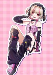  1girl arm_belt arm_strap bare_shoulders belt black_arm_warmers black_belt black_bow black_collar black_headdress black_leg_warmers black_straps blunt_bangs blush bow breasts chain chain_bracelet chain_necklace collar collarbone colored_inner_hair crop_top cross-laced_clothes cross-laced_top ear_cuffs fangs fingerless_gloves flame_print food_print fruit_print full_body gloves grey_hair hair_bobbles hair_bow hair_intakes hair_ornament hand_to_own_mouth heart heart_print highres jewelry knees_apart_feet_together knees_up leg_belt leg_warmers lightning_bolt_print looking_at_viewer loose_belt maid_headdress makaino_ririmu makaino_ririmu_(6th_costume) midriff miniskirt multicolored_hair multiple_belts necklace nijisanji no_jacket open_mouth outline pendant pink_background pink_hair pink_shoes pink_skirt pink_streaks plaid_background plaid_clothes plaid_skirt pleated_skirt pointy_ears red_eyes shoes short_hair sitting skirt sleeveless small_breasts smile solo sora42067 spiked_collar spikes star_(symbol) strawberry_print streaked_hair studded_belt thigh_strap two-tone_hair two_side_up virtual_youtuber white_outline wolf_cut zipper_top 