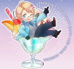  1boy ahoge america_(hetalia) arm_up axis_powers_hetalia black_gloves black_pants black_shoes blonde_hair blue_eyes blue_jacket blue_necktie blush buttons cherry chibi chibi_only collared_shirt commentary_request cup drinking_glass english_text food fruit full_moon gloves gradient_background grey_vest himaruya_hidekazu ice_cream icing index_finger_raised jacket lapels legs_up long_sleeves looking_at_viewer male_focus moon necktie official_alternate_costume one_eye_closed open_clothes open_jacket open_mouth orange_(fruit) orange_slice pants pink_background purple_background shirt shoes short_hair sitting smile solo star_(symbol) sundae two-tone_background v-shaped_eyebrows vest white_shirt 
