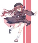  1girl alternate_costume black_headwear brown_dress brown_footwear brown_hair closed_eyes commentary_request dress flower full_body genshin_impact hair_flower hair_ornament highres hu_tao_(genshin_impact) kun_(user_ahgn2825) long_hair long_sleeves mary_janes open_mouth plum_blossoms red_flower shoes smile socks solo twintails 