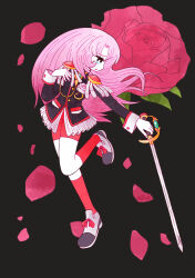  1girl black_jacket blue_eyes bright_pupils commentary_request flower frogshu full_body grey_shoes highres jacket long_hair long_sleeves petals pink_hair red_flower red_rose red_shorts red_socks rose shoes shorts shoujo_kakumei_utena shoulder_pads socks solo tenjou_utena very_long_hair white_pupils 