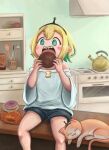  1girl :3 :d =_= absurdres amano_pikamee apple artist_name black_hairband black_shorts blonde_hair blush_stickers bright_pupils cabinet cat colored_inner_hair commentary dated doughnut eating english_commentary food fruit green_eyes green_hair green_nails hairband hands_up highres holding holding_food indoors irukuz kettle kitchen ladle making-of_available multicolored_hair off-shoulder_shirt off_shoulder oven plate reese&#039;s reese&#039;s_cups shirt shorts sitting smile socks_(amano_pikamee) solo spatula stove two-tone_hair virtual_youtuber voms white_pupils white_shirt wide_sleeves 