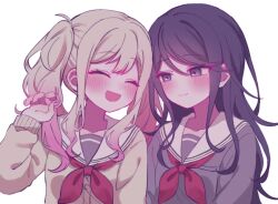  2girls :d blonde_hair blue_eyes blush cardigan commentary dot_nose gradient_hair grey_serafuku grey_shirt highres hoshino_ichika_(project_sekai) long_hair long_sleeves looking_at_another miyamasuzaka_girls&#039;_academy_school_uniform mu_ri003 multicolored_hair multiple_girls neckerchief orange_cardigan pink_hair playing_with_own_hair project_sekai red_neckerchief sailor_collar school_uniform serafuku shirt simple_background smile tenma_saki twintails white_background white_sailor_collar 