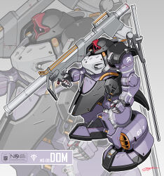  absurdres bazooka_(gundam) clenched_hand commentary dom_(mobile_suit) from_side gundam highres holding holding_weapon mecha mecha_focus mobile_suit mobile_suit_gundam no_humans ogyhara one-eyed qr_code robot science_fiction signature standing sword violet_eyes weapon zeon zoom_layer 