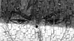  2boys black_eyes black_hair close-up coat greyscale highres kim_dokja looking_at_viewer monochrome multiple_boys omniscient_reader's_viewpoint paper partially_shaded_face shadow short_hair size_difference standing superimposition symbolism tangerinegod torn_paper white_coat yoo_joonghyuk 