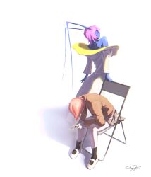  2girls absurdres antennae boxcutter chair chazeyrain highres kusunoki_muu milgram multiple_girls pink_hair short_hair 