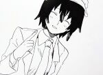  black_feathers black_hair blush closed_eyes coat feather_hair feathers formal hat highres light_blush monochrome necktie open_clothes open_coat open_mouth pointing pointing_up shameimaru_aya shirt short_hair sketch smile suit touhou whoru 