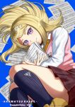  1girl ahoge akamatsu_kaede artist_name black_socks blonde_hair blue_background character_name closed_mouth commentary_request danganronpa_(series) danganronpa_v3:_killing_harmony dated english_text hair_ornament happy_birthday highres kusatakesi long_hair long_sleeves looking_at_viewer lying musical_note musical_note_hair_ornament necktie orange_necktie paper pink_sweater_vest sheet_music shirt shoes simple_background smile socks solo staff_(music) sweater_vest swept_bangs twitter_username violet_eyes white_shirt yellow_footwear 
