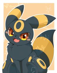  animal_focus black_fur blush blush_stickers colored_sclera fangs highres hirochanu0807 looking_at_viewer no_humans open_mouth pokemon pokemon_(creature) pokemon_focus red_eyes smile tail umbreon 