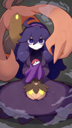  1girl absurdres afuron ahoge bags_under_eyes breasts closed_mouth commentary_request dress evolutionary_line gourgeist hair_between_eyes hairband hex_maniac_(pokemon) highres holding holding_cloth holding_poke_ball long_hair looking_at_viewer on_lap poke_ball poke_ball_(basic) pokemon pokemon_(creature) pokemon_on_lap pokemon_xy pumpkaboo purple_hairband sitting 