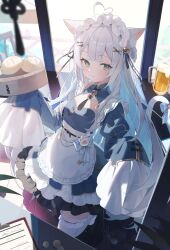  1girl absurdres ahoge alcohol animal_ear_fluff apron beer beer_mug bell blue_dress bow breasts cat_girl coin cup dress food frilled_dress frills from_above green_eyes hair_bell hair_ornament hair_ribbon hairclip highres indoors juliet_sleeves long_sleeves looking_to_the_side lumo_1121 maid_apron maid_headdress mug neck_bell parallel_hairclips paw_print puffy_sleeves ribbon shadow sleeves_past_fingers sleeves_past_wrists small_breasts solo standing steamed_bun tail tail_bow tail_ornament thigh-highs waitress white_hair white_thighhighs wide_sleeves window x_hair_ornament 