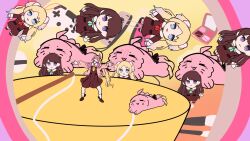  1girl :3 :d ahoge ameame_mea animalization anyoji_hime aqua_neckerchief blonde_hair blue_eyes blue_hair brown_dress brown_hair character_doll closed_eyes closed_mouth commentary_request doll dress dualsense fujishima_megumi gradient_hair hasu_no_sora_school_uniform highres hood hooded_jacket jacket joy-con kyurumaru link!_like!_love_live! long_hair long_sleeves love_live! medium_dress multi-tied_hair multicolored_hair neckerchief open_clothes open_jacket open_mouth osawa_rurino outstretched_arms parody_request parted_bangs person_and_animalization pink_hair pink_jacket playstation_controller pleated_dress ponytail red_neckerchief sailor_collar sailor_dress school_uniform seal_(animal) sidelocks smile spread_arms twintails two_side_up violet_eyes virtual_youtuber white_sailor_collar winter_uniform 