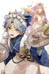  1boy 1girl apron blue_bow blue_kimono bow crossdressing crossdressing_(mtf) cup earrings facial_mark fate/grand_order fate_(series) food forehead forehead_mark frilled_apron frills glasses green_eyes hair_bow highres holding holding_tray japanese_clothes jewelry kimono long_hair maid male_maid medusa_(fate) medusa_(rider)_(fate) melon_soda natori_re parted_bangs prosthesis prosthetic_arm purple_hair sandwich scar scar_on_face scar_on_forehead single_earring sweat tasuki teacup toudou_heisuke_(fate) tray very_long_hair violet_eyes wa_maid white_apron white_background white_hair 