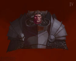  1boy absurdres armor artist_name artstation_logo artstation_username black_hair blue_eyes breastplate closed_mouth commentary english_commentary full_armor gorget grey_armor highres instagram_logo instagram_username iron_warriors light_smile long_hair ornate_armor patreon_logo patreon_username pauldrons perturabo potoq power_armor primarch red_background roman_numeral scale_armor shoulder_armor simple_background skull_ornament smile solo warhammer_40k 
