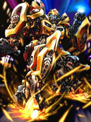  arm_cannon autobot blue_eyes bumblebee_(transformers) chevrolet_camaro chevrolet_camaro_(5th_generation) glowing glowing_eyes humanoid_robot insignia maro_(bataasi) mecha robot science_fiction sparks transformers transformers_(live_action) weapon 