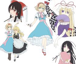  5girls absurdres alice_margatroid apron black_hair black_shoes black_skirt black_vest blonde_hair blue_dress boots bow braid branch brown_boots brown_hair capelet commentary_request dress folding_fan frilled_apron frilled_bow frilled_dress frilled_hair_tubes frilled_hairband frilled_skirt frilled_sleeves frills gap_(touhou) gloves gohei hair_bow hair_tubes hairband hakurei_reimu hand_fan hat hat_ribbon highres holding holding_fan holding_gohei holding_hands houraisan_kaguya interlocked_fingers jeweled_branch_of_hourai kirisame_marisa lolita_hairband long_hair looking_at_viewer mob_cap moon_print multiple_girls no_headwear open_mouth pink_eyes pink_shirt print_shirt puffy_short_sleeves puffy_sleeves purple_dress red_bow red_eyes red_hairband red_ribbon red_shoes ribbon shirt shoes short_sleeves side_braid single_braid skirt sleeves_past_fingers sleeves_past_wrists smile socks touhou tsuno_no_hito vest violet_eyes waist_apron white_apron white_bow white_capelet white_gloves white_socks wide_sleeves yakumo_yukari yuri 