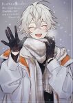  1boy alchemy_stars black_gloves blush breath closed_eyes coat facing_viewer gloves grey_hair grey_scarf hair_between_eyes highres jacket long_sleeves male_focus navigator_(alchemy_stars) new_year open_clothes open_coat open_mouth scarf snow sonomi twitter_username upper_body waving white_jacket 
