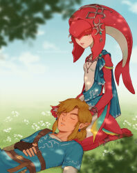  1boy 1girl blonde_hair blue_tunic champion&#039;s_tunic_(zelda) colored_skin earrings fins fish_girl hairband head_fins headpiece highres jewelry lap_pillow lilimoon_draws link looking_at_another mipha neck_ring on_grass ponytail red_skin seiza short_hair sidelocks sitting sleeping smile the_legend_of_zelda the_legend_of_zelda:_breath_of_the_wild tunic yellow_eyes zora 