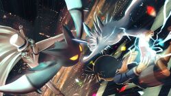  2boys backpack bag black_hair cape confetti crobat crossover edogawa_conan electricity grey_shorts grin gun handgun hat holding holding_gun holding_weapon jolteon kaitou_kid male_focus meitantei_conan monocle motion_lines multiple_boys pokemon pokemon_(creature) pokemon_battle pori running shorts smile suit top_hat weapon white_cape white_hat white_suit 