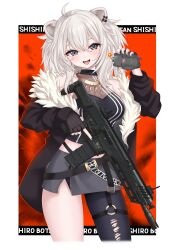  1girl absurdres ahoge animal_ears assault_rifle black_jacket black_nails black_pantyhose black_shirt black_skirt blush character_name chicami fur-trimmed_jacket fur_trim grey_eyes grey_hair gun highres holding holding_gun holding_weapon hololive jacket lion_ears lion_girl long_hair looking_at_viewer nail_polish open_mouth pantyhose rifle shirt shishiro_botan shishiro_botan_(1st_costume) single_leg_pantyhose skirt solo torn_clothes torn_pantyhose virtual_youtuber weapon 