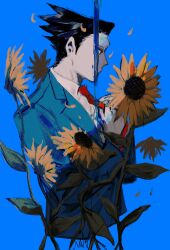  1boy ace_attorney adjusting_clothes adjusting_necktie black_hair blue_liquid commentary cropped_torso flower from_side highres male_focus necktie phoenix_wright pouring red_necktie retortbox short_hair sideburns solo sunflower upper_body 