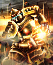  armor attack blue_eyes clouds cloudy_sky energy_ball floating_rock g_gundam glowing glowing_eyes gundam joints kitajima_kitarou kowloon_gundam mecha mecha_focus mobile_suit no_humans outdoors powering_up rivets robot robot_joints science_fiction shoulder_armor sky spiked_helmet 