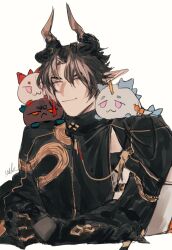  1boy arknights black_hair chongyue_(arknights) closed_eyes closed_mouth commentary_request dragon earrings highres horns jewelry korean_commentary long_sleeves male_focus retortbox short_hair simple_background smile tassel upper_body white_background 