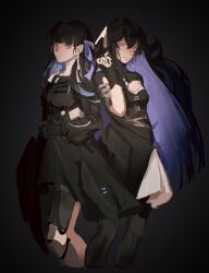  1girl absurdres black_background black_dress black_hair black_pantyhose black_shrug blue_hair blunt_bangs colored_inner_hair dress dual_persona hair_behind_ear hair_between_eyes highres long_hair looking_at_viewer mechabare mechanical_hands mechanical_legs multicolored_hair pantyhose punishing:_gray_raven purple_hair ribbon_earrings selena:_capriccio_(pgr) selena:_tempest_(pgr) selena_(pgr) shrug_(clothing) simple_background single_bare_leg single_mechanical_leg smile spotlight very_long_hair violet_eyes wide_sleeves xiao_dao_(kojimarie) 