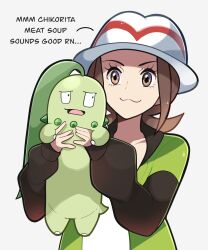  1girl :3 breasts brown_eyes brown_hair chikorita closed_mouth english_text green_jacket harmony_(pokemon) hat highres holding holding_pokemon jacket leaf long_sleeves looking_at_viewer open_clothes open_jacket open_mouth pokemon pokemon_(creature) pokemon_legends:_z-a shirt smile striped_hat touyarokii white_hat white_shirt 