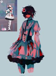 1other akiyama_mizuki akiyama_mizuki_(cosplay) black_ribbon blindfold brown_hair commentary cosplay covered_eyes cropped_legs deltarune dress earrings english_commentary flower hair_flower hair_ornament highres jewelry keikyoku keikyoku_no_machi_wa_doko_e_(project_sekai) kris_(deltarune) long_sleeves nebbeli neck_ribbon other_focus pink_flower pink_rose project_sekai ribbon rose short_hair utdr_(toby_fox) white_dress