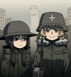  2girls american_gothic black_eyes black_hair blonde_hair blue_eyes blush brodie_helmet chito_(shoujo_shuumatsu_ryokou) coat combat_helmet commentary english_commentary fine_art_parody fur_trim furrowed_brow green_coat grey_sky gun half-closed_eyes helmet holding holding_weapon karepack light_frown long_hair looking_at_another low_twintails military_uniform multiple_girls nuko_(shoujo_shuumatsu_ryokou) outdoors parody rifle shoujo_shuumatsu_ryokou sky smile stahlhelm twintails upper_body urban weapon yuuri_(shoujo_shuumatsu_ryokou) 