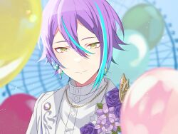  1boy asymmetrical_sidelocks balloon blue_hair blurry blurry_background buttons closed_mouth commentary dear_my_fellows_(project_sekai) double-parted_bangs earrings ferris_wheel flower hair_between_eyes highres jewelry kamishiro_rui looking_at_viewer male_focus multicolored_hair necklace official_alternate_costume project_sekai purple_flower purple_hair short_hair sidelocks solo split_mouth streaked_hair tokooo000 two-tone_hair upper_body yellow_eyes 