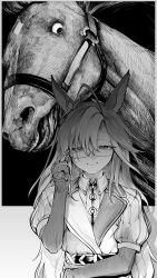  1girl absurdres ahoge animal animal_ears closed_mouth crazy_eyes creature_and_personification dream_journey_(racehorse) dream_journey_(reminder_of_dreamland)_(umamusume) dream_journey_(umamusume) glasses gloves greyscale hair_between_eyes highres horse horse_ears jacket long_hair long_sleeves looking_at_viewer monochrome multicolored_hair niwarhythm personification smile solo umamusume 