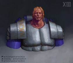  1boy absurdres armor artist_name artstation_logo artstation_username blonde_hair blue_eyes breastplate closed_mouth commentary covered_pectorals english_commentary english_text grey_armor grey_background highres instagram_logo instagram_username large_pectorals looking_at_viewer muscular muscular_male nipples patreon_logo patreon_username pauldrons pectorals potoq power_armor primarch roboute_guilliman roman_numeral short_hair shoulder_armor simple_background solo ultramarines warhammer_40k 