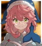  1girl bespectacled blue_headwear blurry blurry_background breasts closed_mouth glasses green_eyes hair_between_eyes hat large_breasts looking_at_viewer medium_hair okunoda_miyoi pink_hair portrait round_eyewear smile solo touhou uisu_(noguchipint) whale_hat 